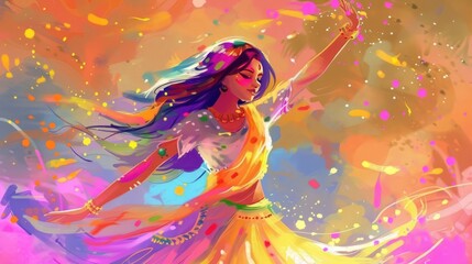 holi images with a beautiful punjabi wo dancing around in colored paints, in the style of light gray 