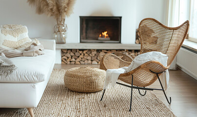 An inviting space adorned with a rattan lounge chair, wicker pouf, and white sofa set against a fireplace backdrop.