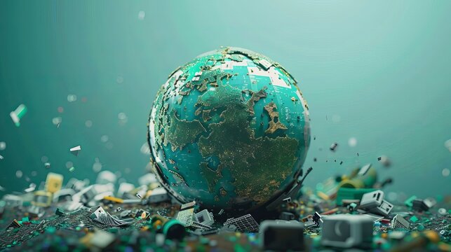 A 3D image of a globe constructed from electronic waste, rendered in a low-polygon style.
