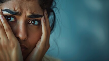 Intense close-up of an apprehensive Indian woman experiencing harassment, isolated, copy space, 