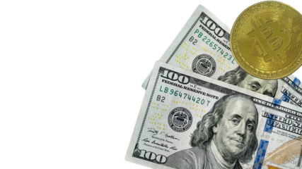 PNG format,  golden Bitcoin coin beside a fan of 100 US dollar bills, with copy space for text or other design elements. Transparent white background 