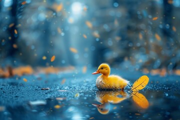 A lone yellow duck feather floats on a forest puddle, reflecting a happy duckling playing among neon leaves under a soft blue sky with subtle tech elements.