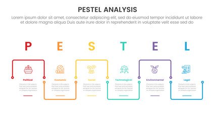 pestel business analysis tool framework infographic with outline square up and down linked cycle 6 point stages concept for slide presentation