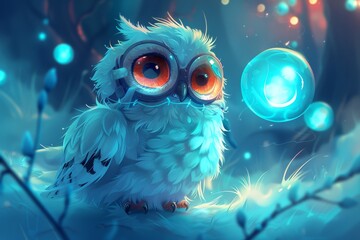 Obraz premium A cartoon owl with glowing orange eyes and goggles uses a glowing orb to create a holographic bridge between two floating orbs in a magical sci-fi setting.