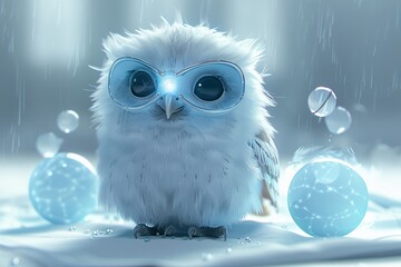 A white cartoon owl with glowing eyes and goggles uses a glowing orb to create a bridge between two floating blue orbs.