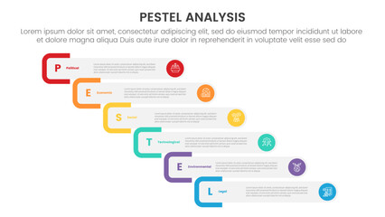 pestel business analysis tool framework infographic with round rectangle staircase or waterfall step 6 point stages concept for slide presentation