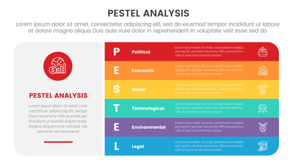 pestel business analysis tool framework infographic with big block shape and round rectangle stack 6 point stages concept for slide presentation