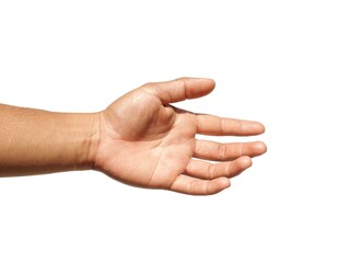 Male hands extended forward to shake hands or grab something on white background business concept.