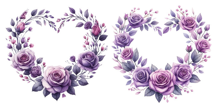 Purple rose heart-shaped wreath watercolor illustration material set
