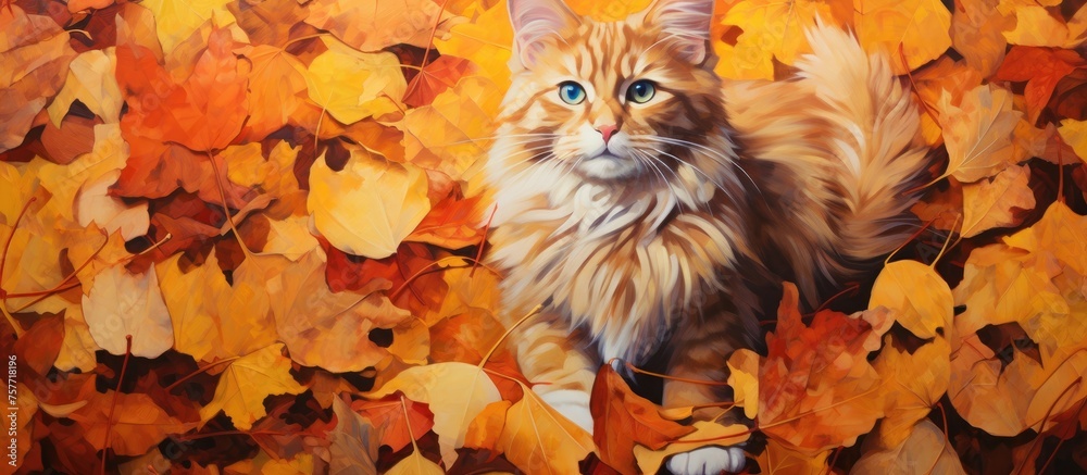 Wall mural An orange Felidae, a small to mediumsized carnivore with whiskers, is standing in a pile of fawn leaves in a painting