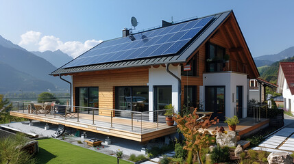 Title: Solardach auf einem Einfamilienhaus reflektiert die Sonne, moderne Energiequelle für umweltbewusstes Wohnen und Generative AI

 - obrazy, fototapety, plakaty