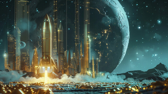 Gold bar rocket with fiery engines igniting, embarking on an epic voyage to the moon with allot of gold on the floor