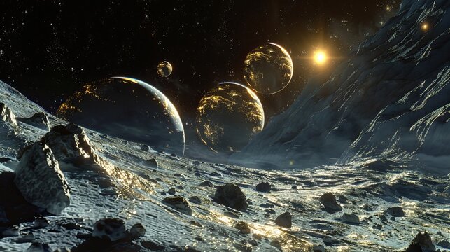 A mecha-themed 3D image depicting a starry night sky filled with asteroids and planets.