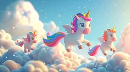Fototapeta na wymiar Adorable Cartoon Unicorns Playing Among Fluffy Clouds in a Pastel Sky 