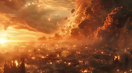 Apocalyptic Landscape with Fiery Sky and Devastation Below at Sunset
