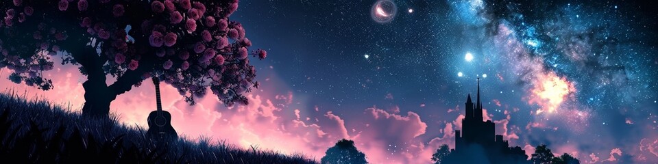 A tranquil oasis scene at night with a castle silhouette a guitar under a rose bush and a supernova above