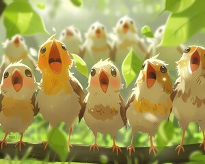 Group of anime birds showcasing a range of emotions while singing whimsical and lively - obrazy, fototapety, plakaty