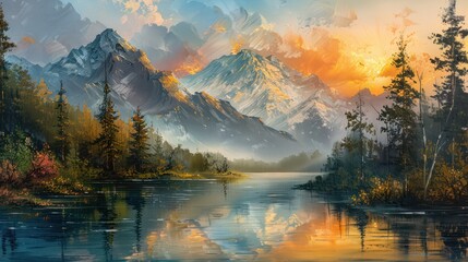 A stunning painting of mountains and rivers a forest, perfect for wall art and wallpaper