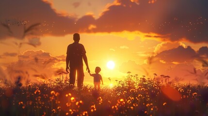 Obraz premium Silhouetted Father and Child Holding Hands in a Field at Sunset with Fireflies 