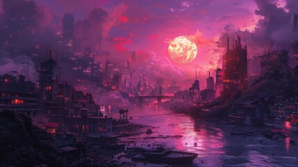 Cityscape with a Crimson Moon Illuminating the Ruins of Civilization