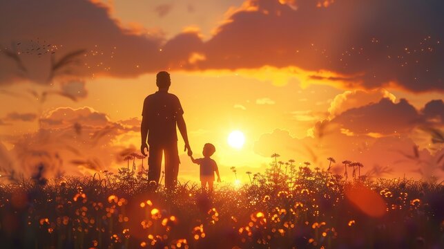 Silhouetted Father and Child Holding Hands in a Field at Sunset with Fireflies
