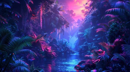 Obraz na płótnie Canvas Surreal Fantasy Jungle with Luminous Foliage and Magical River at Twilight 