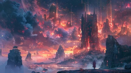Futuristic Fantasy Cityscape with Towering Spires Under a Crimson Clouded Sky
 - obrazy, fototapety, plakaty