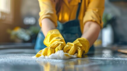 Female cleaner hands in gloves close up, housewife, woman polishing table top with cloths,
