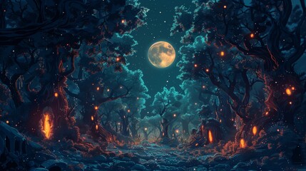 Enchanted Forest Pathway Under a Full Moon with Mystical Creatures and Fireflies
