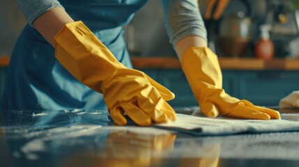 Female cleaner hands in gloves close up, housewife, woman polishing table top with cloths, - Powered by Adobe