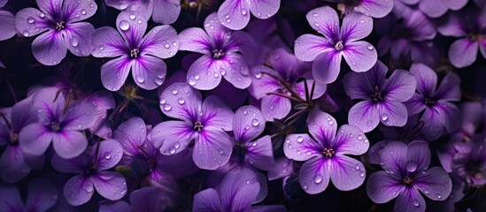 A cluster of vibrant purple flowers, with glistening water droplets, showcasing the beauty of nature. These violet petals belong to a flowering plant, adding a touch of magenta to the groundcover