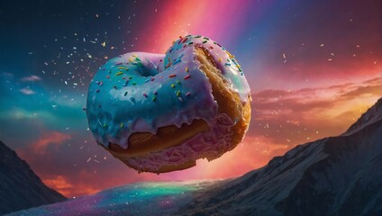 a donut coated with an iridescent glossy glaze that mirrors a pastel rainbow with swirls of ethereal pastel nebulas covered in colorful sprinkles - obrazy, fototapety, plakaty