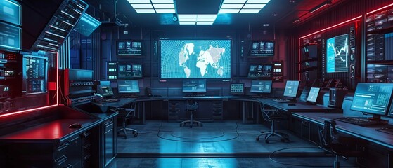 Cybersecurity center with state of the art CCTV monitoring futuristic tech crimes - obrazy, fototapety, plakaty