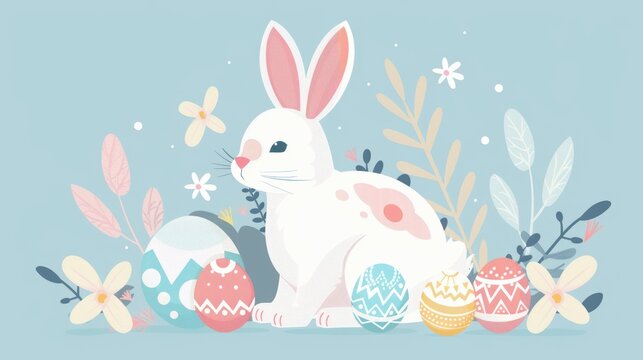 flat vector pastel color rabbit with easter eggs 