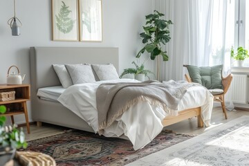 A bedroom featuring a cozy bed with pillows and a soft rug on the floor