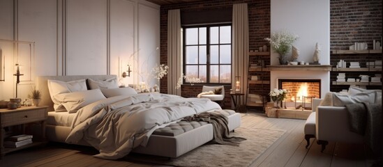 A cozy bedroom with hardwood flooring, a bed frame, couch, fireplace, and a large window providing natural light