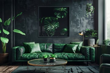 A living room abundantly decorated with green furniture and numerous plants, creating a lush and vibrant atmosphere - obrazy, fototapety, plakaty