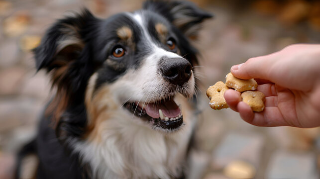 Hand Giving a Dog Treat to Border Collie - Happy Pet Training Session, Human Hand Feeding Snack to Cute Puppy, Obedient Dog Receiving Reward, Close-up Animal Care Image, Generative AI


