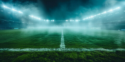 A soccer field with a light on the top of it with night and smoke background - obrazy, fototapety, plakaty