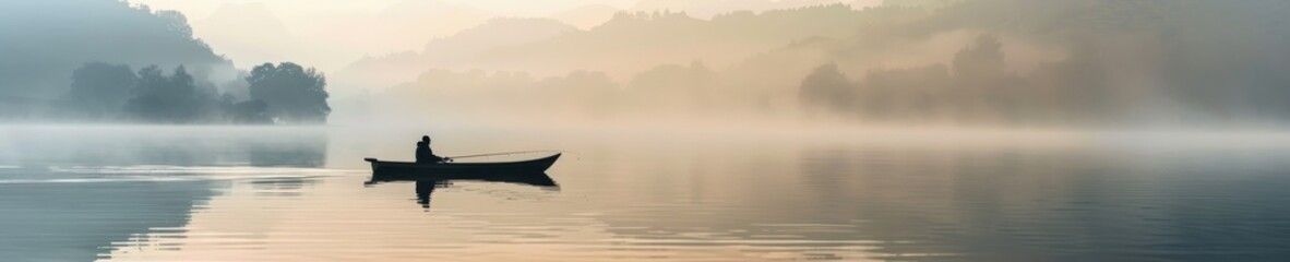Serene lake fishing scene at dawn with a lone fisherman in a boat surrounded by calm waters and a misty peaceful landscape - obrazy, fototapety, plakaty