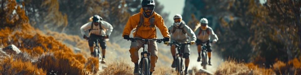 Group of friends mountain biking vibrant silver and yellow attire clear and open trail background sense of movement