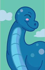 dinosaurio cuello largo feliz cerca del cielo, ilustracion de dinosaurio azul, ilustración infantil de un dinosaurio cuello largo feliz, Macrocollum itaquii