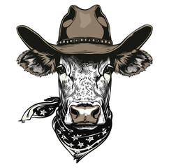 Cattle Head wearing wearing cowboy hat and bandana around neck