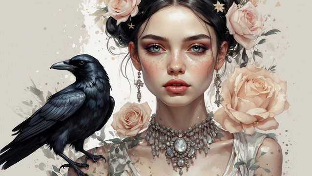 Elegant girl with raven, fantasy watercolor art