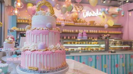 A whimsically decorated multi-tiered cake stands as a centerpiece in a bakery filled with pastel colors and soft, festive lighting.