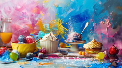 A surreal display of pastries and fruits amidst an explosion of colorful paints, merging the art of baking with vibrant abstract expression.