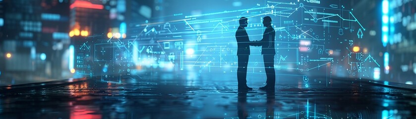 Businessman Shaking hands with a partner through a holographic interface. Sustainable urban planning and smart cities concept