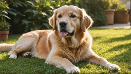 Golden retriever dog lying outside in the garden