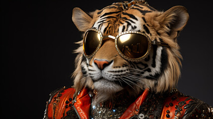 Picture a sleek tiger in a tailored leather blazer, adorned with silver biker chains and mirrored aviators. Against a backdrop of urban nightlife, it exudes fierce style and attitude.