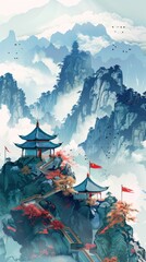 Chinese landscape painting, blue mountains in the distance, Chinese style architecture on top of...